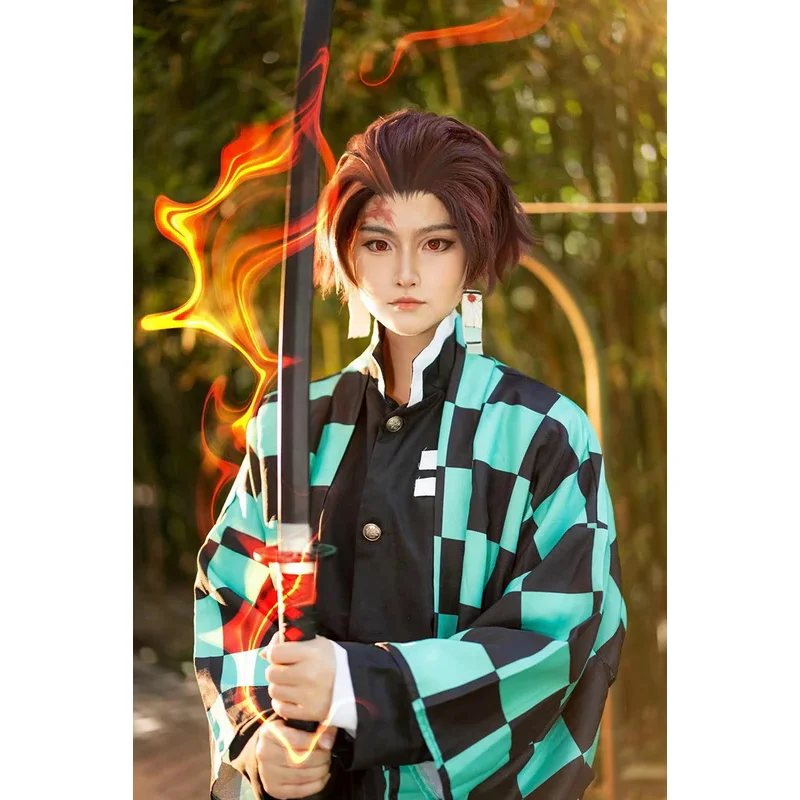 Tanjirou Kamado Cosplay Traje, Anime Assassino de Demônios, Kimetsu sem roupas Yaiba para adultos, Uniforme Infantil, Presente de Festa, Peruca, Máscara, Quimono