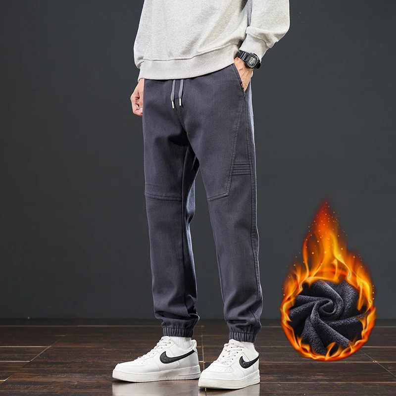 

Winter Men's Fleece Casual Pants Simple Male Clothing Drawstring Sweatpants Outdoor Thickened Warm Plush Tapered Trousers