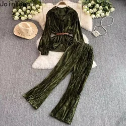 Velvet Two Piece Sets Women's Clothing Long Sleeve Slim Waist Blouse High Waist Wide Leg Pants Outfits Vintage Temperament Suit