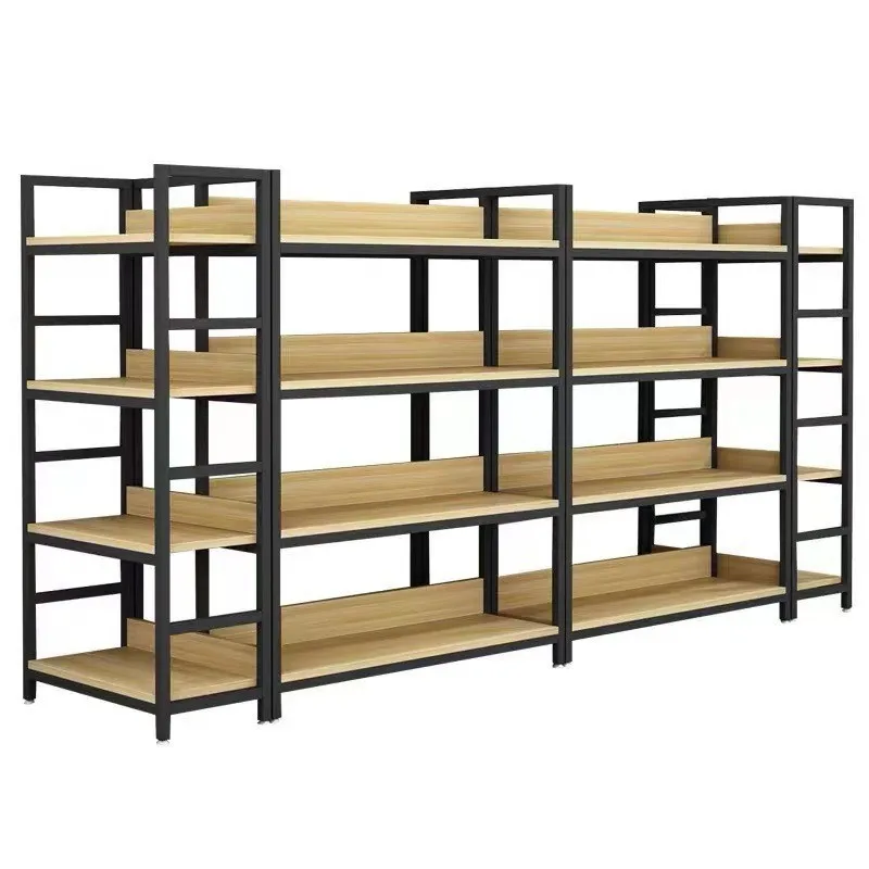 Double-Sided Multi-Layer Heavy Duty Powder Coated Display Rack For Supermarket Convenience Store Snack Cabinets Wooden Metal