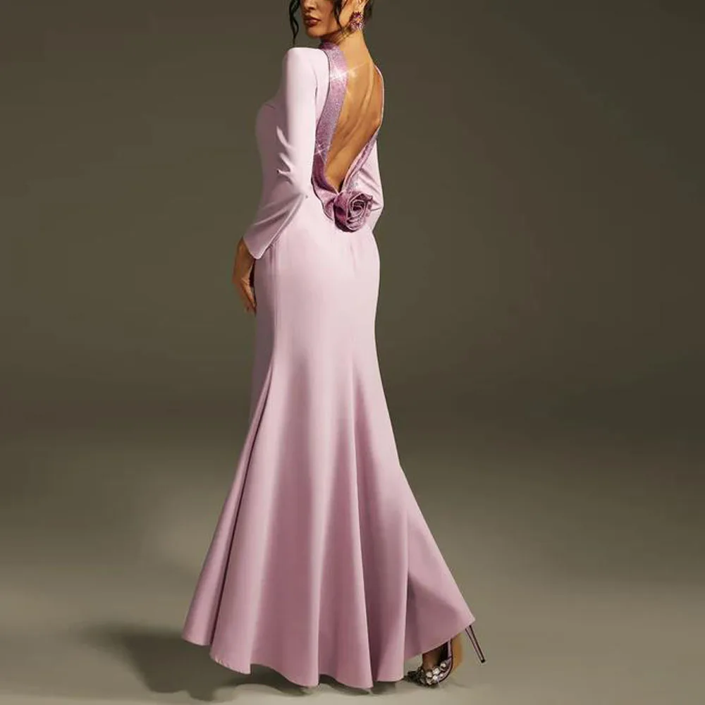

Customized Backless Rhinestone Flower Maxi Dress Sequin Collar Mermaid Evening Party Gown Satin Trumpet Prom Dresses