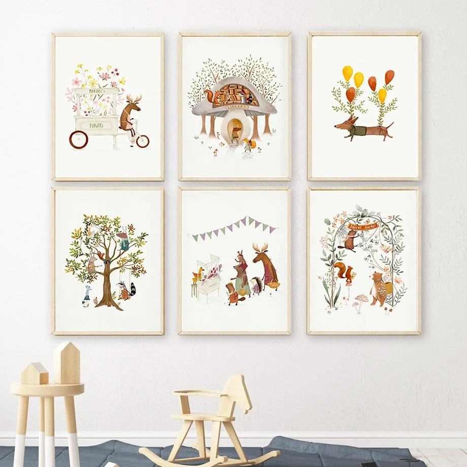 Niedliche Waldtiere, Illustration, Blumen und Pflanzen, Kunstdruck für Kinder, Wandkunst, Poster, Leinwand, Heim- und Wohnzimmerdekoration