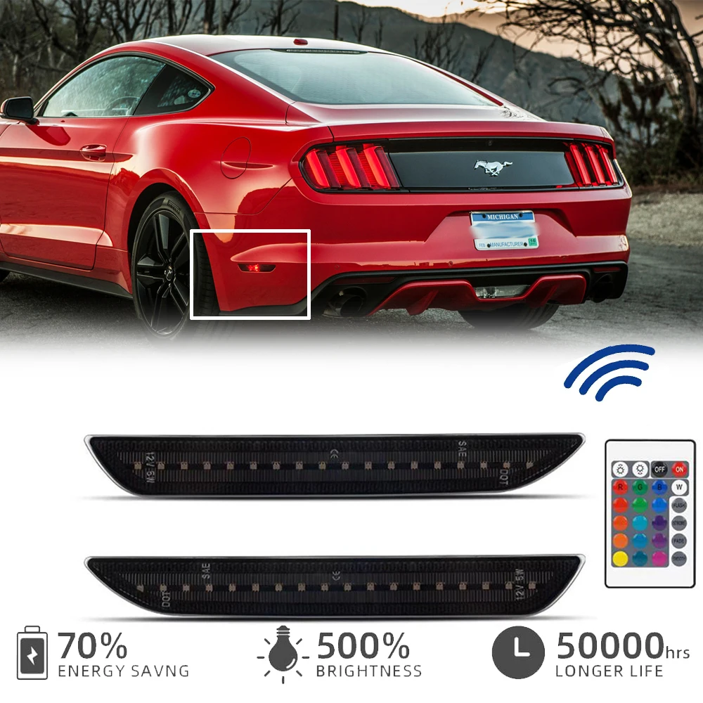 

2x RGB Rear Bumper LED Side Marker Brake Warning Light for Ford Mustang 2015-2023 Auto Spotlight Turn Signal Indicator Lamp
