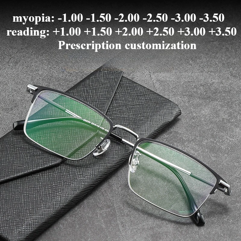 53mm New Ultra-light Rectangular Myopia Glasses Frame Men Business Anti-blue Light Reading Eyeglasses +1.50