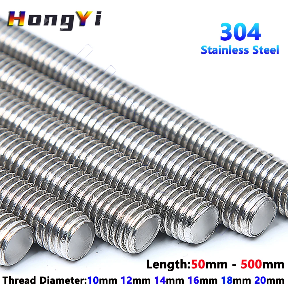M10 M12 M14-M20 304 Stainless Steel Full Threaded Rod Fully Metric Thread Rods Shaft Bar Screws Headless Bolt Stud L=50mm-500mm
