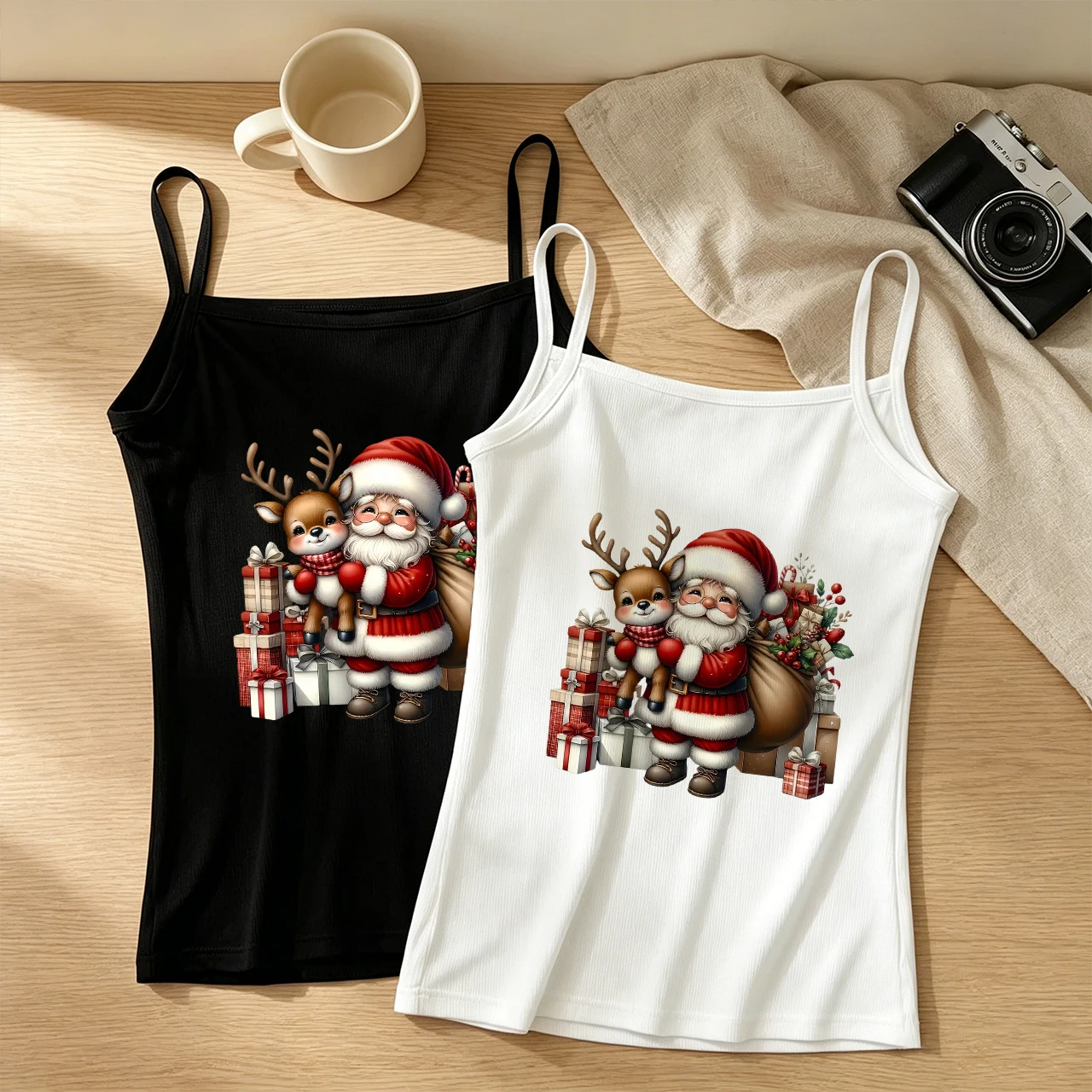 Frohe Weihnachten Santa Bedrucktes Ärmelloses Top für Damen, Lässiges Sommer-Camisole-Top, Harajuku Lockerer Tanktop, Streetwear
