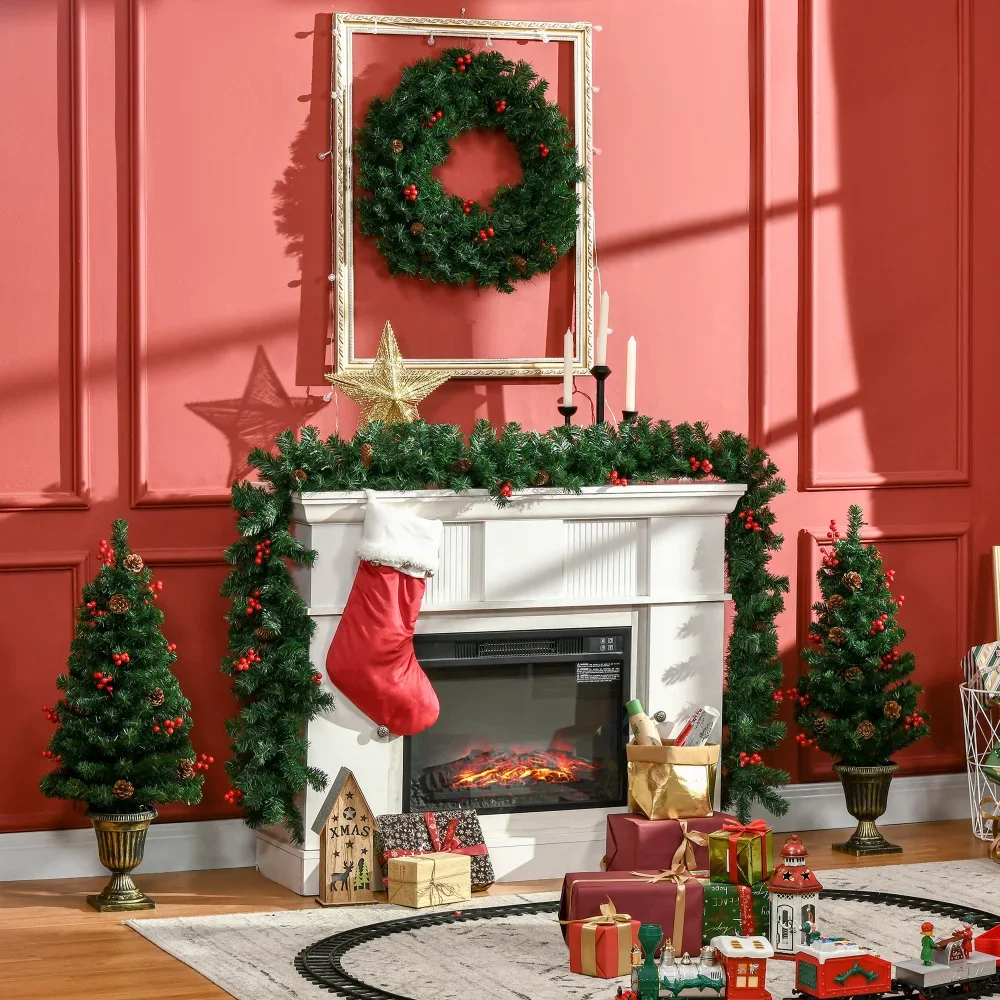 Christmas Trees Holiday Christmas 4-piece Set, Garland Wreath and 2 Entrance Trees, with Warm White LED Lights Home & Garden