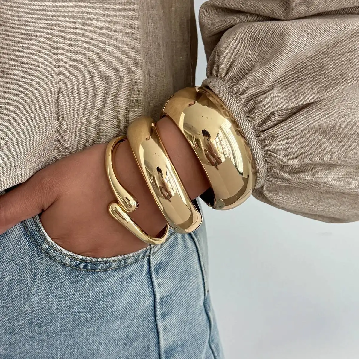 IngeSight.Z, brazaletes de Metal geométricos de Hip Hop Vintage para mujer, pulseras de resorte de Metal de Color dorado exageradas Punk, joyería de fiesta