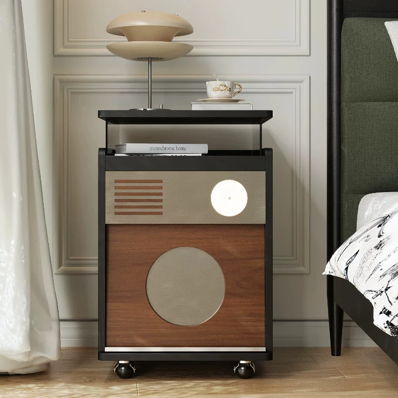 Retro Drawer Open Storage Nightstand With Wheels Wooden Designer Bedside Table Side Cabinet Table De Chevet Bedroom Furniture