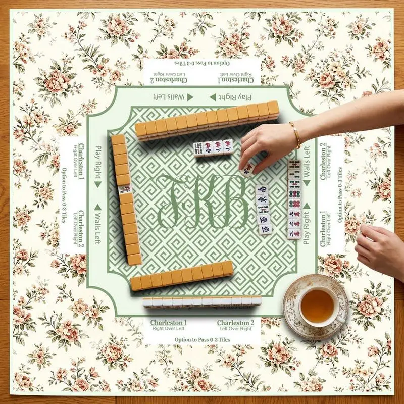 VIKAMA Light Green Tiny Floral Mahjong Mat Geometric Zoned Silent Beginner American Mahjong Table Cover
