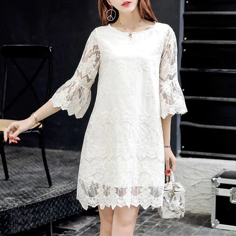 

Elegant O-Neck Spliced Loose Ruffles Lace Hollow Out Mini Dress Women's Clothing 2023 Summer New Korean Flare Sleeve Sexy Dress