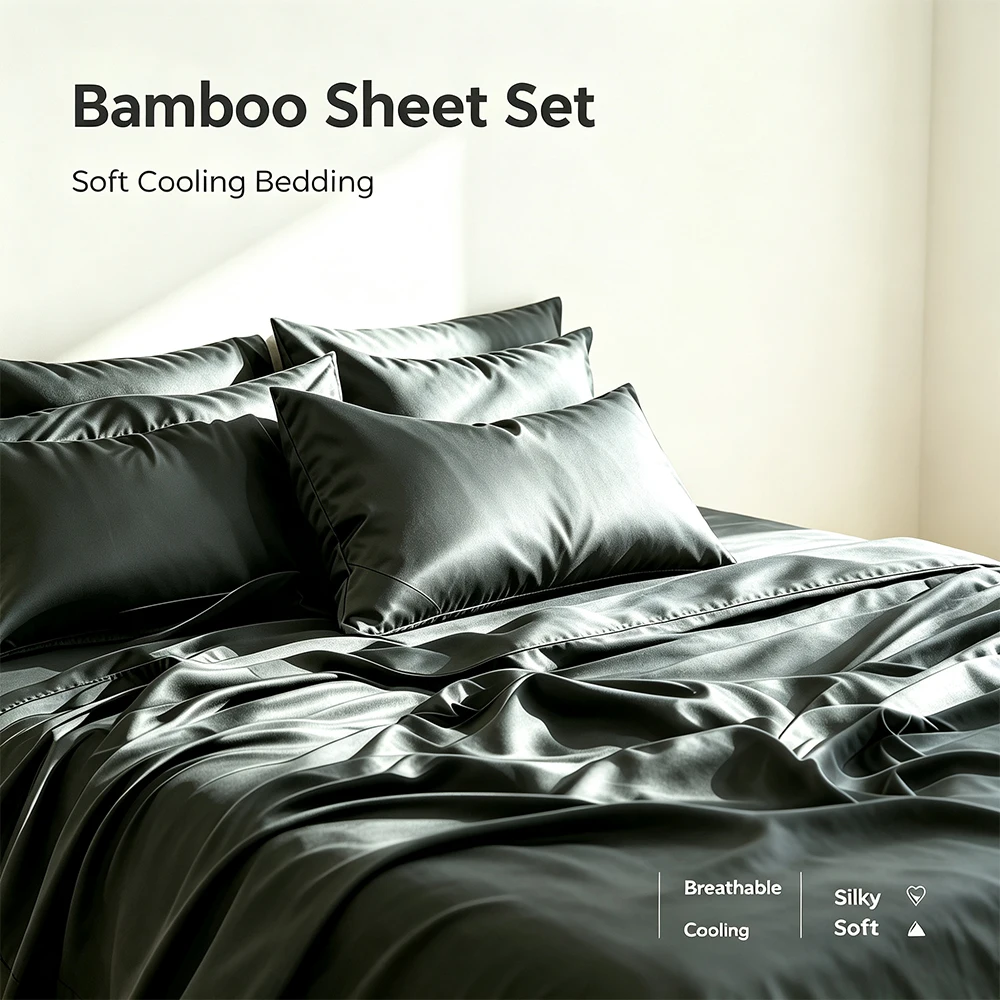 4‑Pieces Bamboo Cooling Sheet Set Dark Grey, Silky Soft Cooling Bedding Set, Moisture‑Wicking Breathable Anti‑Sweat Bed Sheets for Hot Sleepers, Deep Pocket, Wrinkle Resistant Skin‑Friendly All Season Bed Linens, Single Double Size