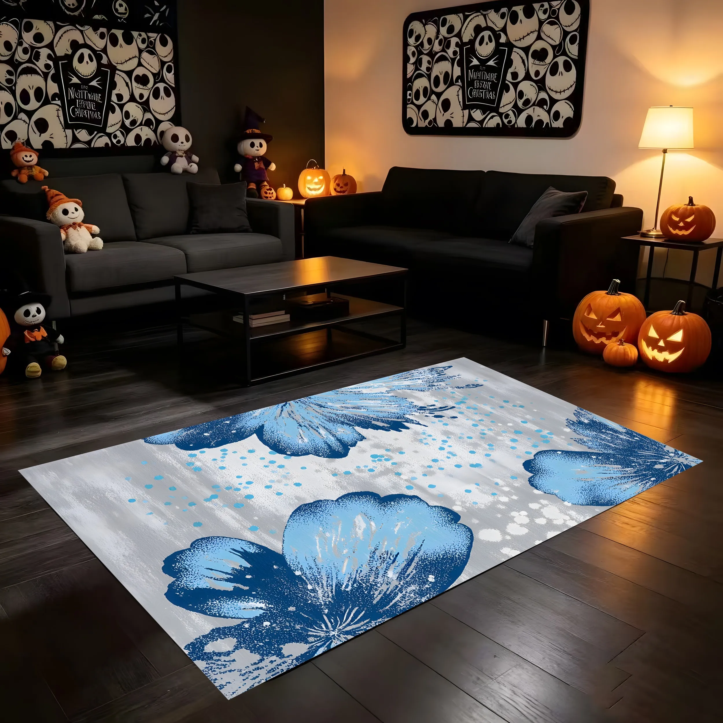 Velvet Rug Watercolor Blue Floral Print French Style for Living Room Bedroom Home Decor
