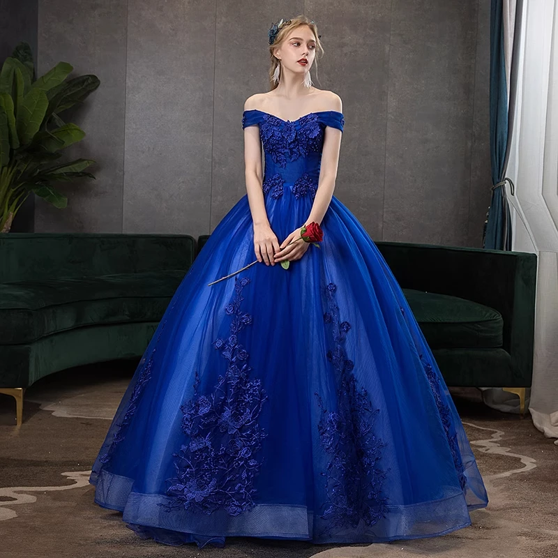 Vestido azul real para quinceañera, traje elegante con cuello Barco, bordado De encaje De lujo, para fiesta De 15 años, graduación, novedad De 2024