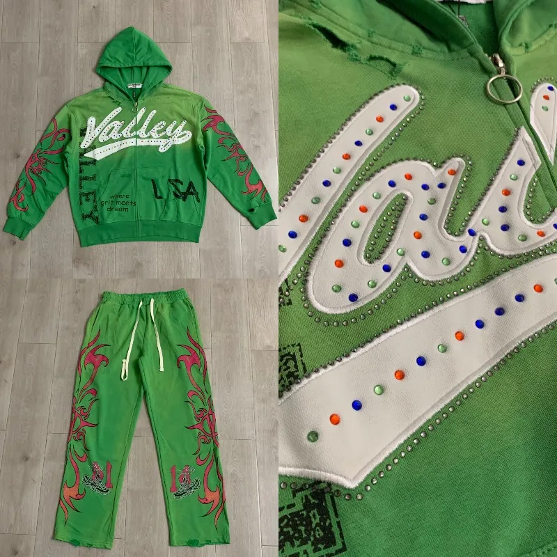 High Street Gradient Contrast Print Vale Men's 2‑Piece Set Distressed Zip Hoodie Elastic Waist Straight Sweatpants Suit