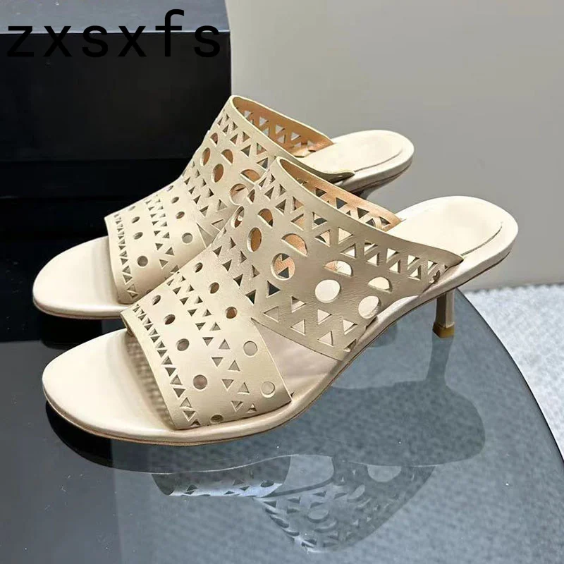 

Hot Sale Hollow Out Leather Slides High Heel Slippers Women Peep Toe Summer Brand Party Shoes Ladies Mules Gladiator Sandals