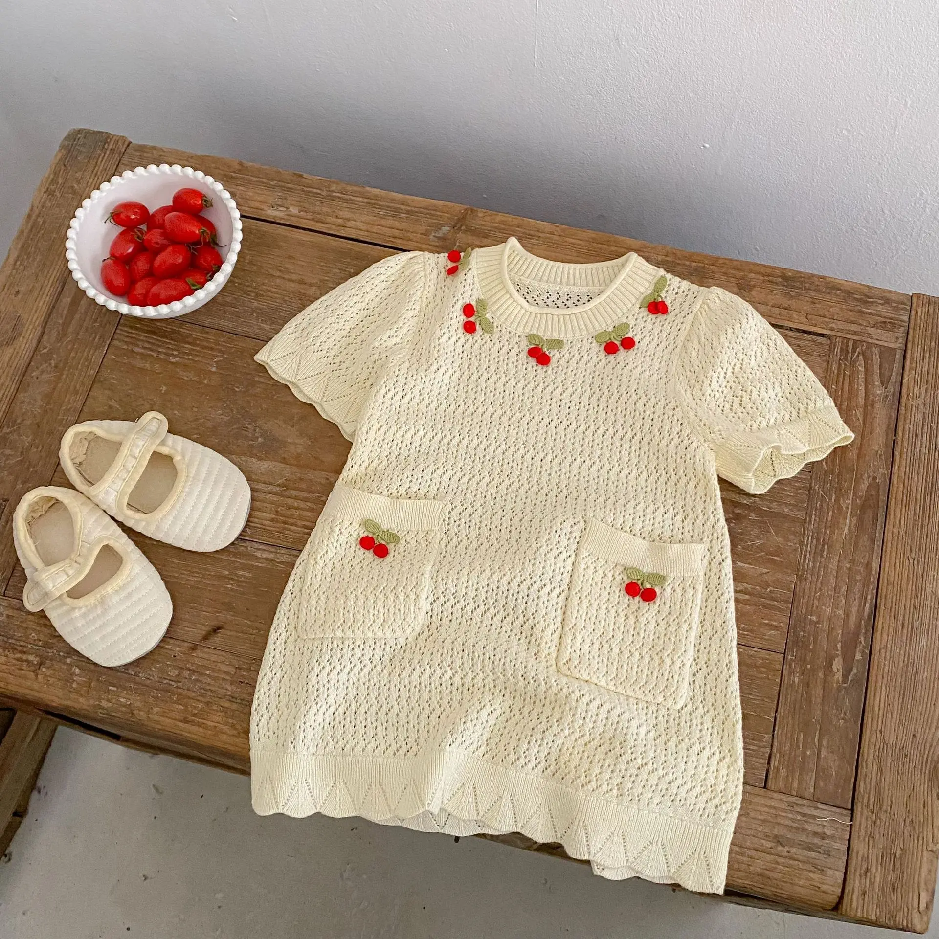 2026 Summer Baby Girl Knit Hollow Out Dress Cherry Embroidery Short Sleeve Casual Infant Summer Clothes for Newborn