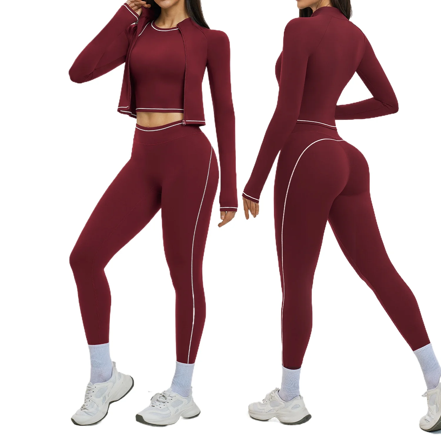 Custom LOGO women's contrasting color yoga fitness zipper jacket trousers vest slim fit outdoor running sports three-piece set