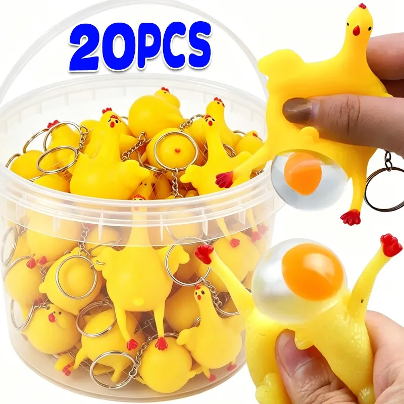 20pcs Egg Laying Chicken Keychain Funny Squeeze Stress Ball Portable Hens Crowded Key Ring Spoof Tricky Toy for Stress Relief
