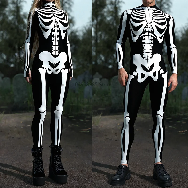 

BnW Bossy Skeleton Costume Halloween Horror Party Jumpsuit Women Sexy Skull Print Bodysuit Holiday Party Masquerade Catsuit