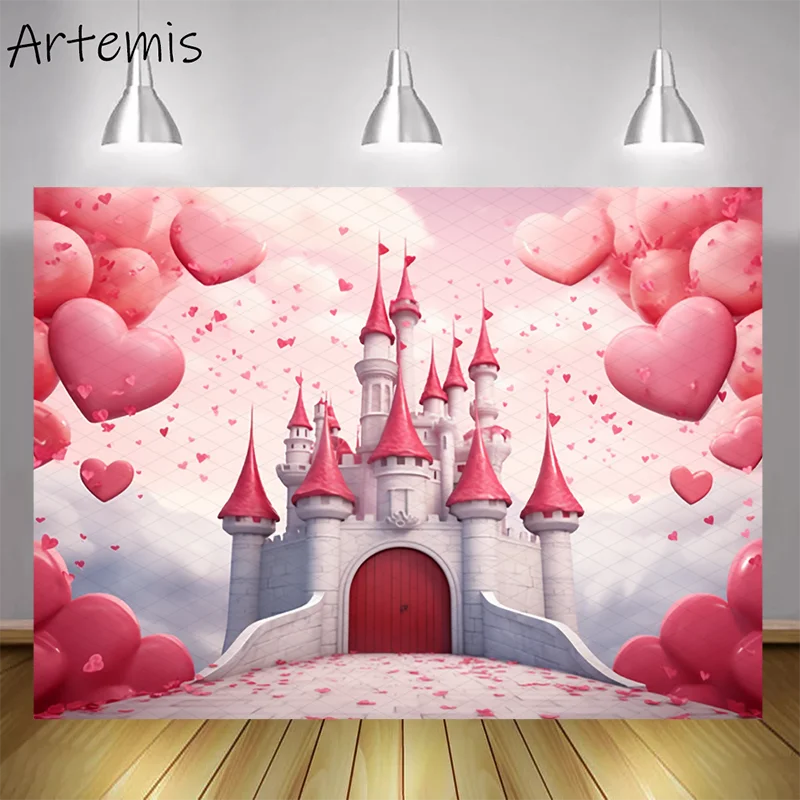 

Valentine's Day Backdrop Pink Castle Red Hearts Love Romantic Dreams Children's Birthday Portrait Background Photo Studio