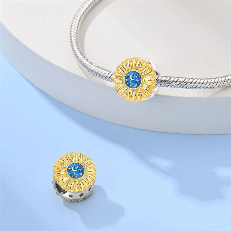 

New 925 Sterling Silver Starry Sky Sunflower Charms Beads For Women Fit Original Bracelet DIY Birthday Party Jewelry Gift