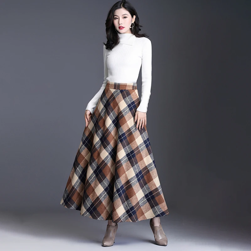 Plus Size 3XL Women Plaid Skirt Thick Warm Elegant Tall Waist Long Skirt 2021 Winter Casual Woolen Long Plaid Skirt Female Skirt