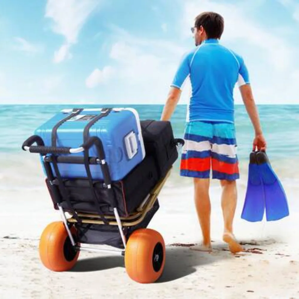 Beach Cart Folding Wagon with 12 Inch Foam Wheels, 165 LBS Capacity, Oversized 29.9 x 15.4 Inch Deck, Adjustable Handle from 27 to 44.7 Inches, Heavy Duty Sand Dolly Cart for Outdoor Gear, Fishing, Camping