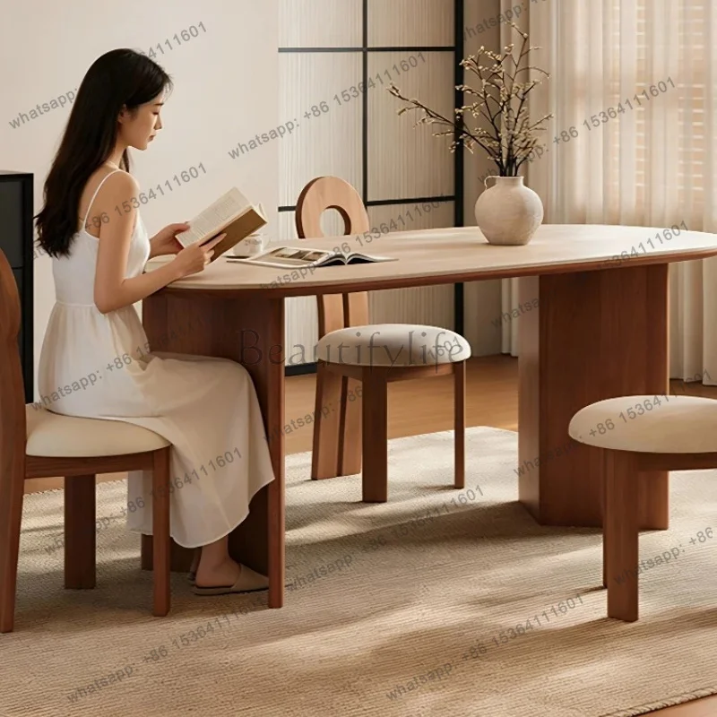 FG Medieval Solid Wood Travertine Rock Slab Dining Table Simple Oval Dining Table And Chairs Light Luxury Rock Slab Dining Table