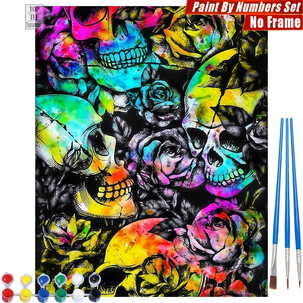 

Набор для цифровой живописи маслом «Красочные черепа и розы» - Картина с черепами и цветами для декора стен, домашний декор, рождественский подарок для друга