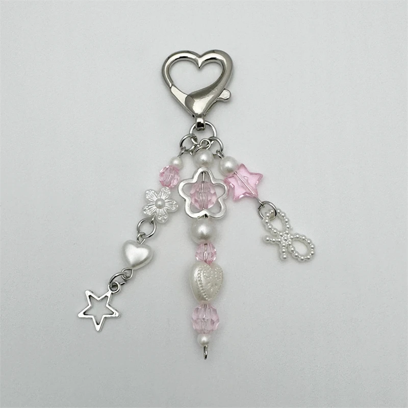 Y2K Pink Beaded Hanging Chain Women's Imitation Pearl Bow Heart Keychain Anti-lost Pendant Bag Decoration Accessories