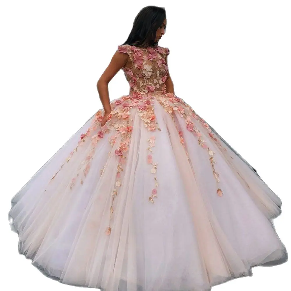 Vestido de baile blanco con apliques florales en 3D, corpiño de ilusión, dulce 16, fiesta de cumpleaños, quinceañera