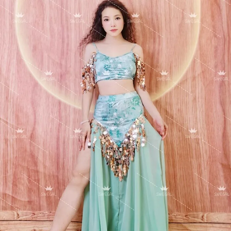Customized Belly Dance Practice Suit Master Style Water Green Rose Gold Glitter Performance Dress Set Oriental Dance Dress