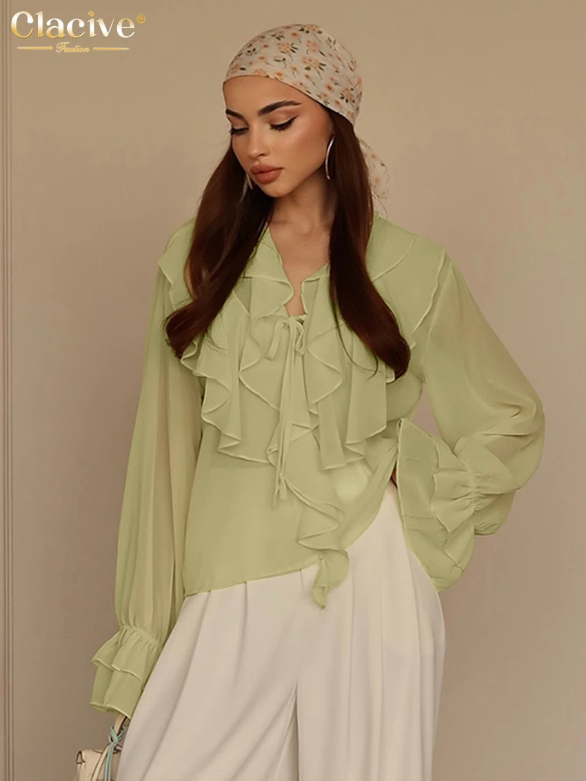 

Clacive, весенняя свободная желтая женская рубашка 2026, сексуальные женские рубашки с v-образным вырезом и длинными рукавами, элегантный классический однотонный топ, женская одежда