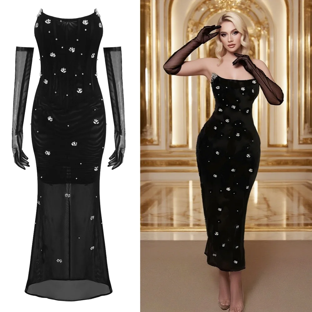 

Elegant Black Rhinestone Embellished Strapless Mesh Midi Dress with Sheer Gloves Formal Events Evening Cocktails Party Gown