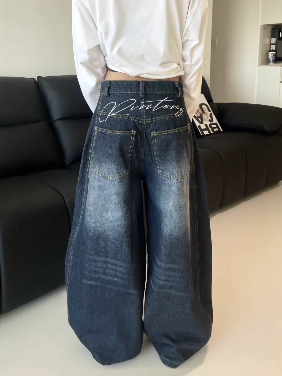 Casual Womens Loose Baggy Jeans Blue Washed High Street Vintage Cargo Pants Wide Leg Oversized Trousers Pants