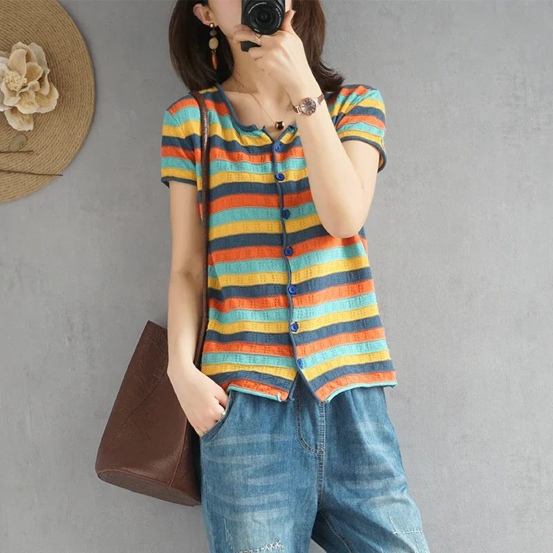

Women's T-shirt Summer 100% Cotton Cardigan Short Sleeve Casual Round Neck Ladies Tops Loose Blouse Pullover Striped TeesZT292