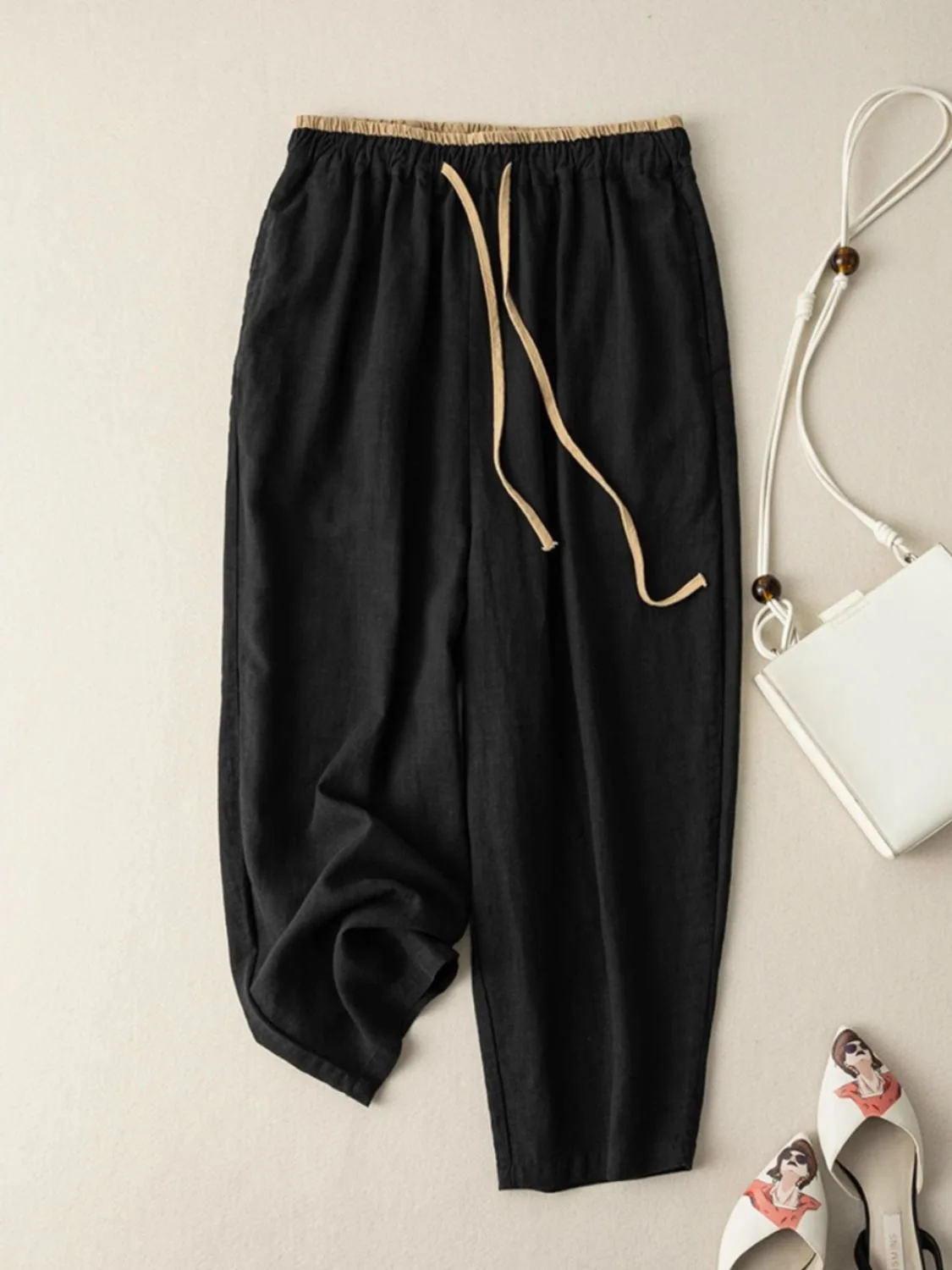 XIZOU Retro Cotton Linen Wide Leg Pants Women Summer Loose Color Versatile Drapey Slimming Nine Points Casual Trousers