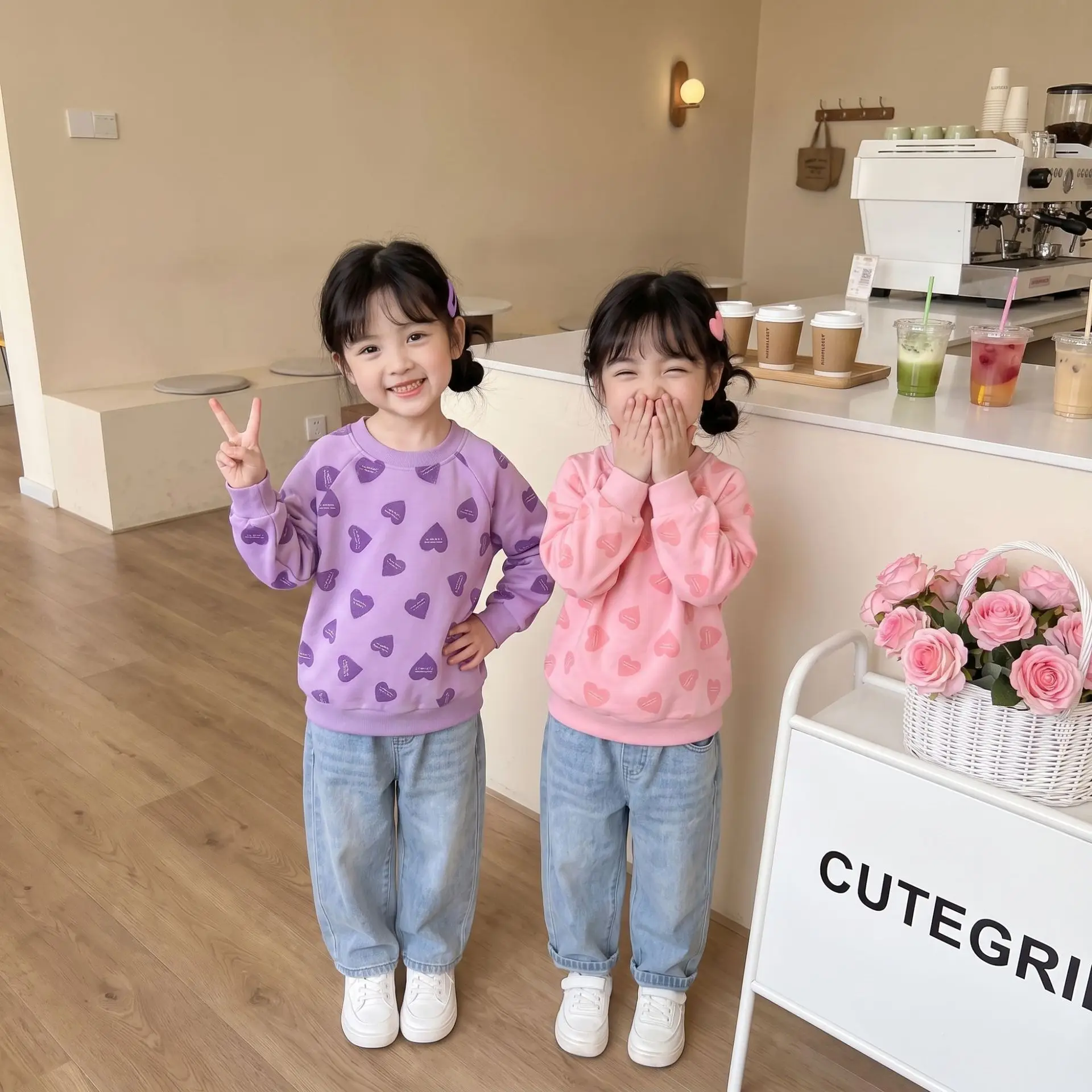 Fall New Girls All Over Print Loose Sweatshirt Medium Small Korean Cute Long Sleeve Nice Versatile Casual Top Trendy