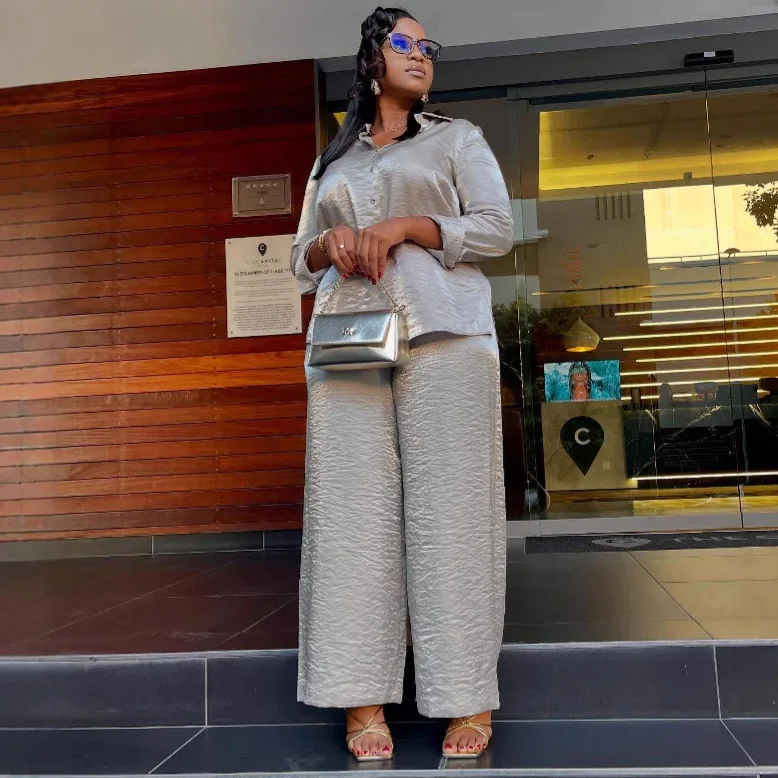 Two Pieces Set Women Long Sleeve Shirt Pant Sets Solid Straight Trousers Single Breasted Blouses Suits Office Lady Autumn