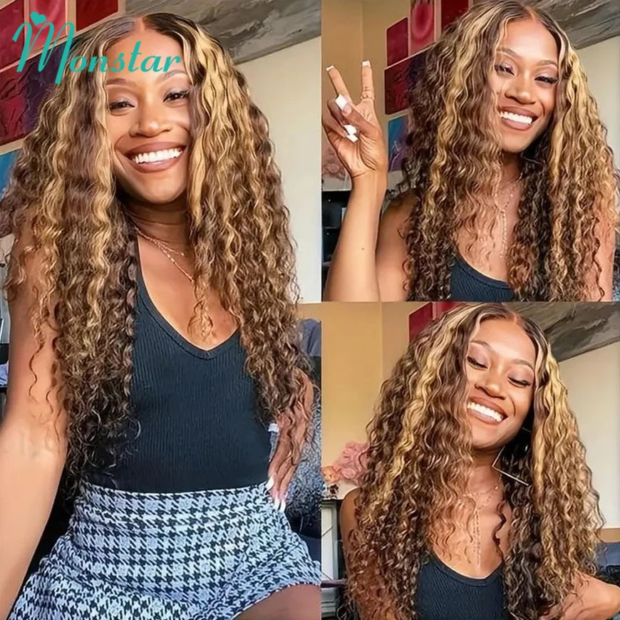 Highlight Honey Blonde Water Wave Lace Front Wig Human Hair with Baby Hair Ombre Color 13x6 HD Lace Frontal Wigs for Black Women