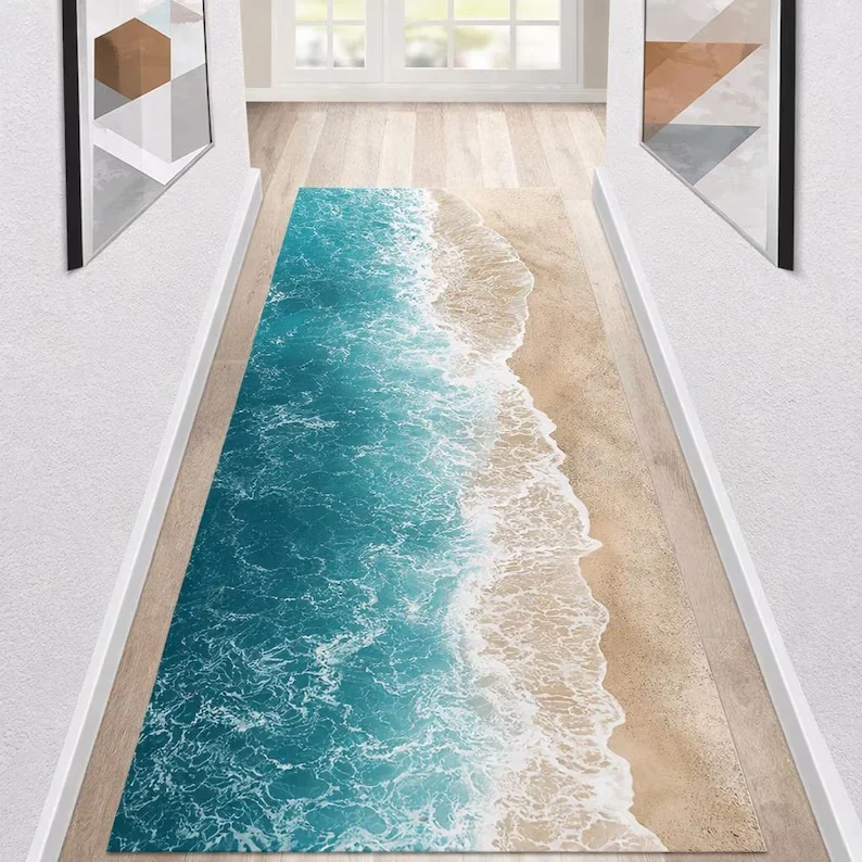 Ocean Beach Runner Rug Coastal Hallway Runner, Sea Wave Shore Rug Non Slip Long Runner Beach House Home Decoration