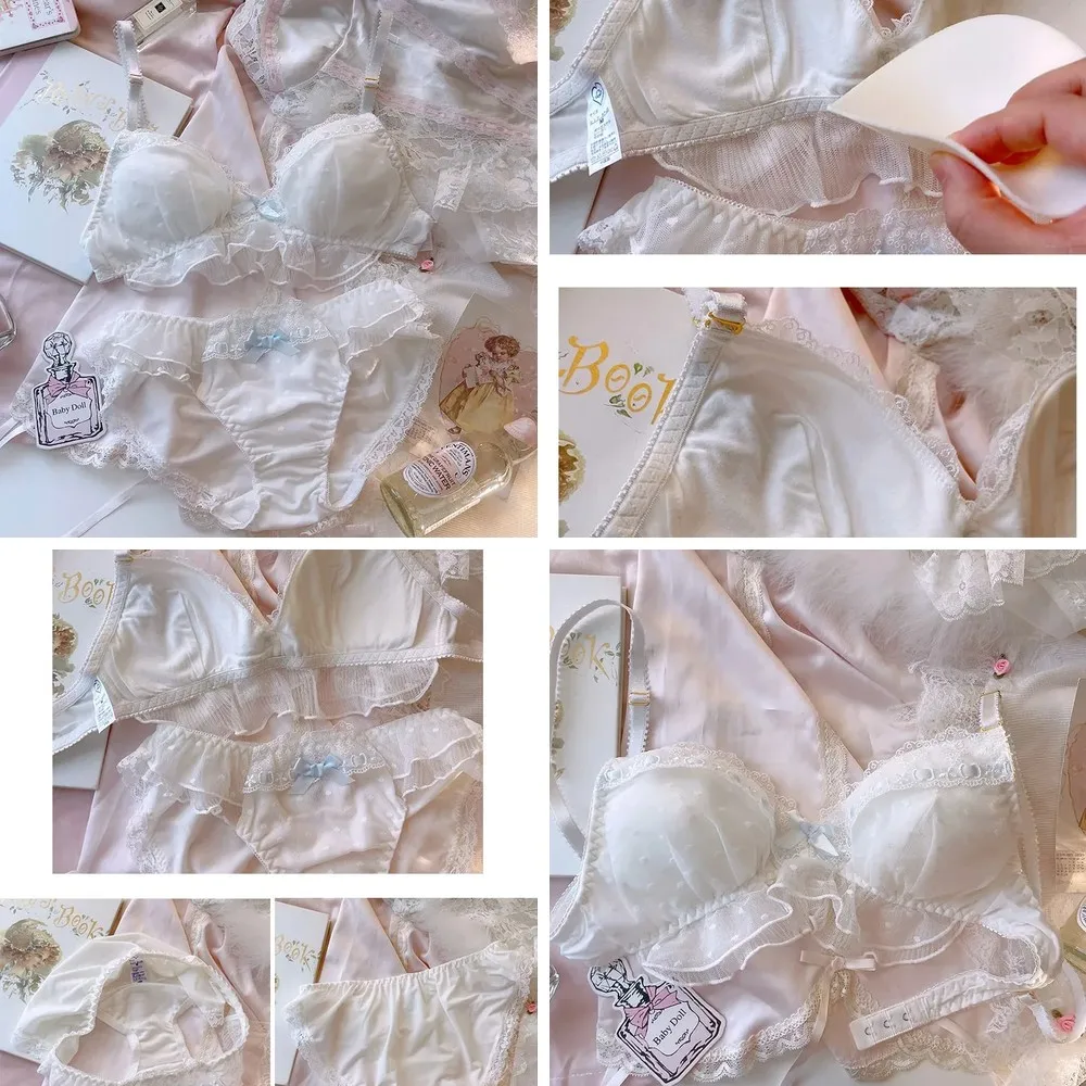 

Lace Bralette & Panty Set, Ribbon Ruffle Triangle Cup, Wireless Comfort, Princess White Underwear