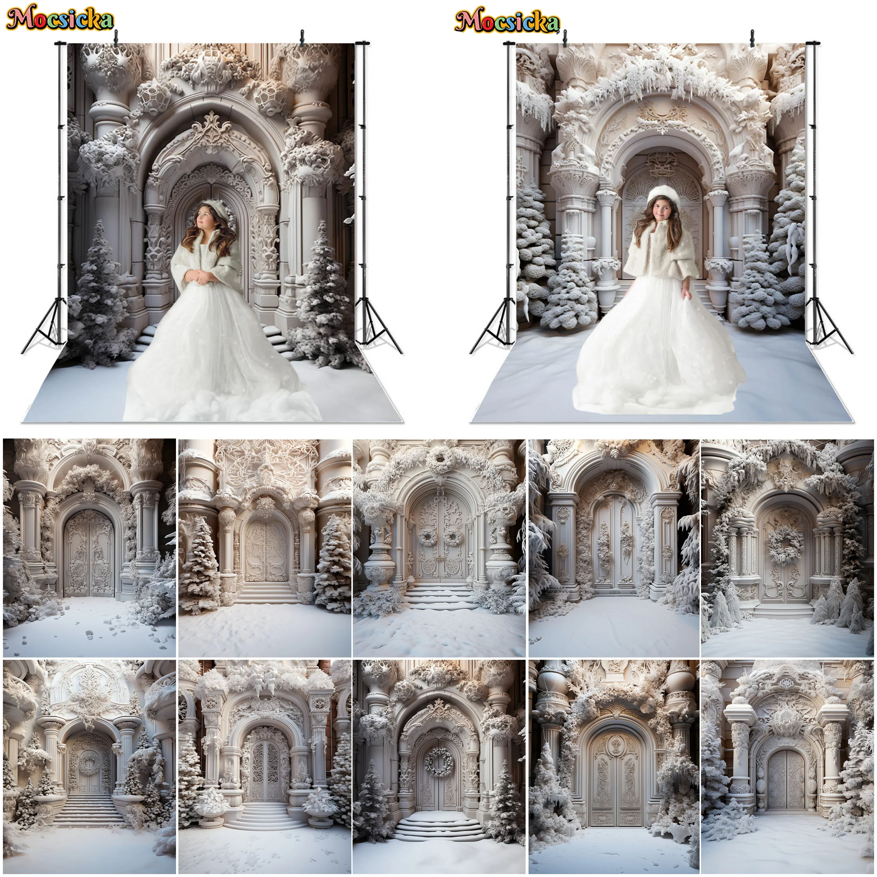 Mocsicka Photography Background Winter Christmas White Wood Door  Xmas Party Kids Family Portrait Decor Backdrop Photo Studio