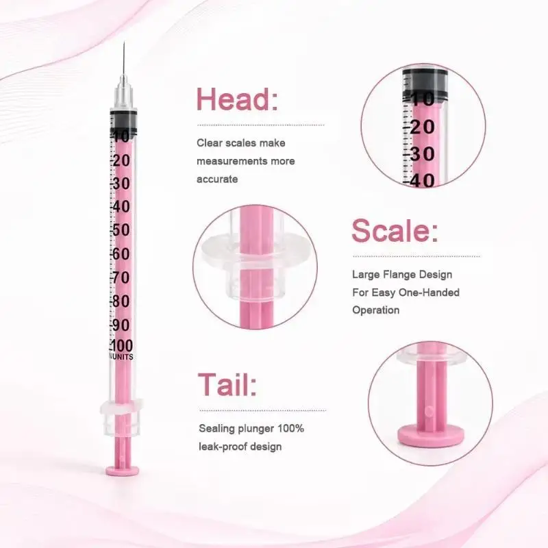 Insulin Syringe Needle 1ml 8mm Pink 10Pcs Sterile Blister Pack Suitable for All Common Beauty Injection Machines