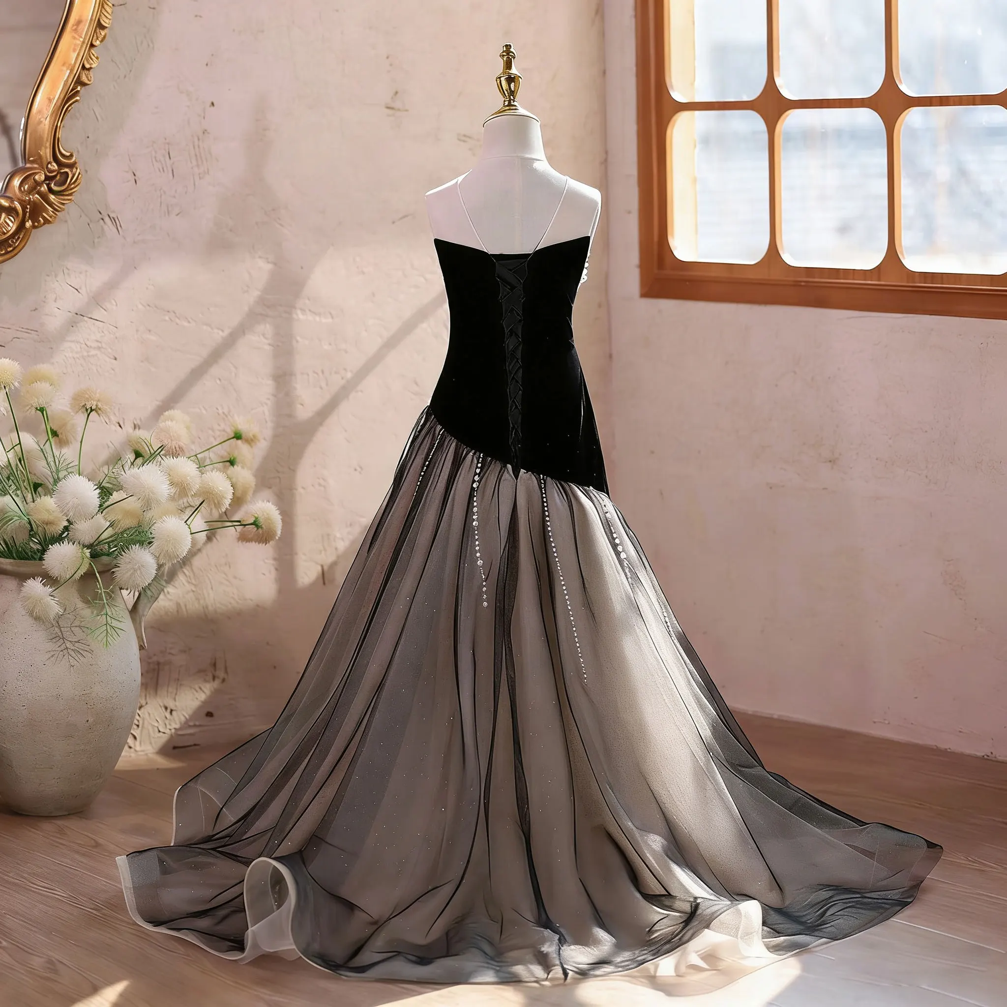 Jill Wish J618 Elegant Black Dress Pearl Beading Mermaid Style Crystal Waist Chain Details Evening Formal Pageant Party for Girl