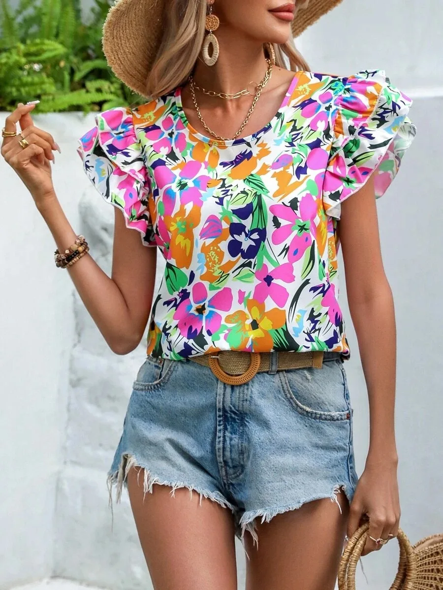 Fashion Flower Print Flying Sleeve Shirt Blouse Woman Spring Summer Casual O-neck Short Sleeve Blouses For Women 2023 Loose Tops