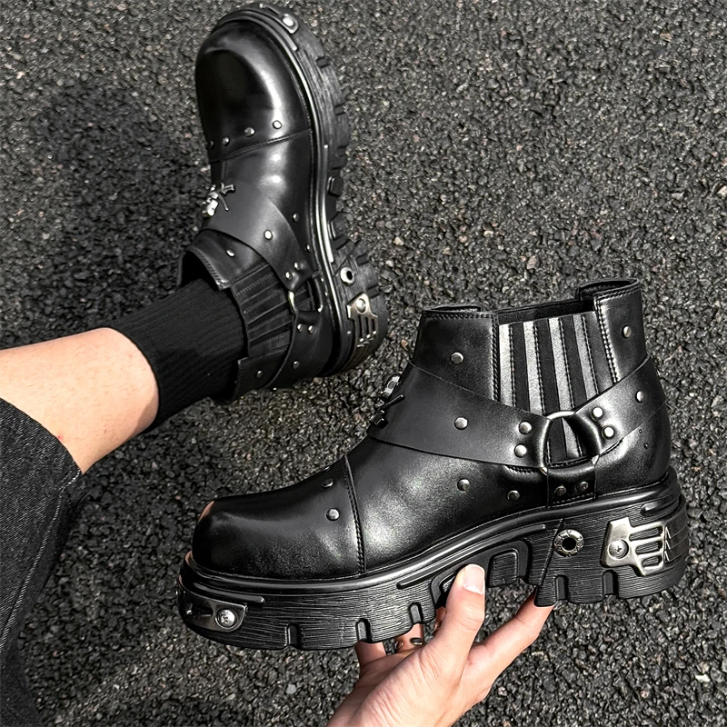 Men's Fashion Leather Motorcycle Boots Gothic Skull Punk Boots New Unisex Mid-calf Metallic Western Boots Thick Sole