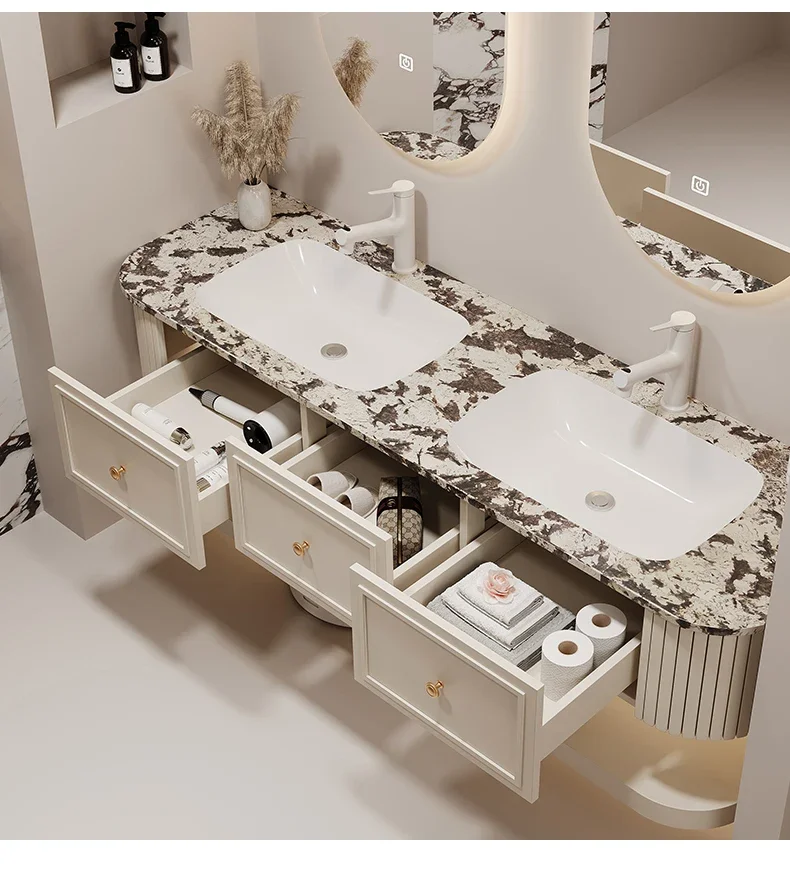 Комбинированный шкаф для ванной комнаты во французском кремовом стиле с двойной раковиной, роскошный каменный светильник, роскошный встроенный умывальник