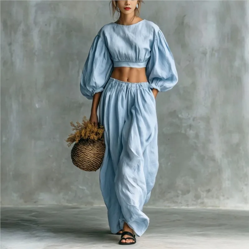 Fashion Short Top+wide Leg Pants Female Two-piece Set Summer Casual Solid Bubble Sleeve Top Suit With Pockets Lady Office Outfit